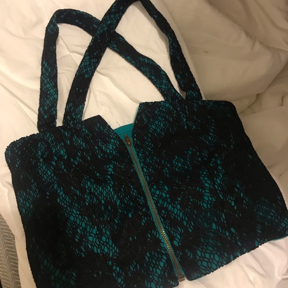 Lace overlay zipper crop teal black punk festival - Picture 2 of 3